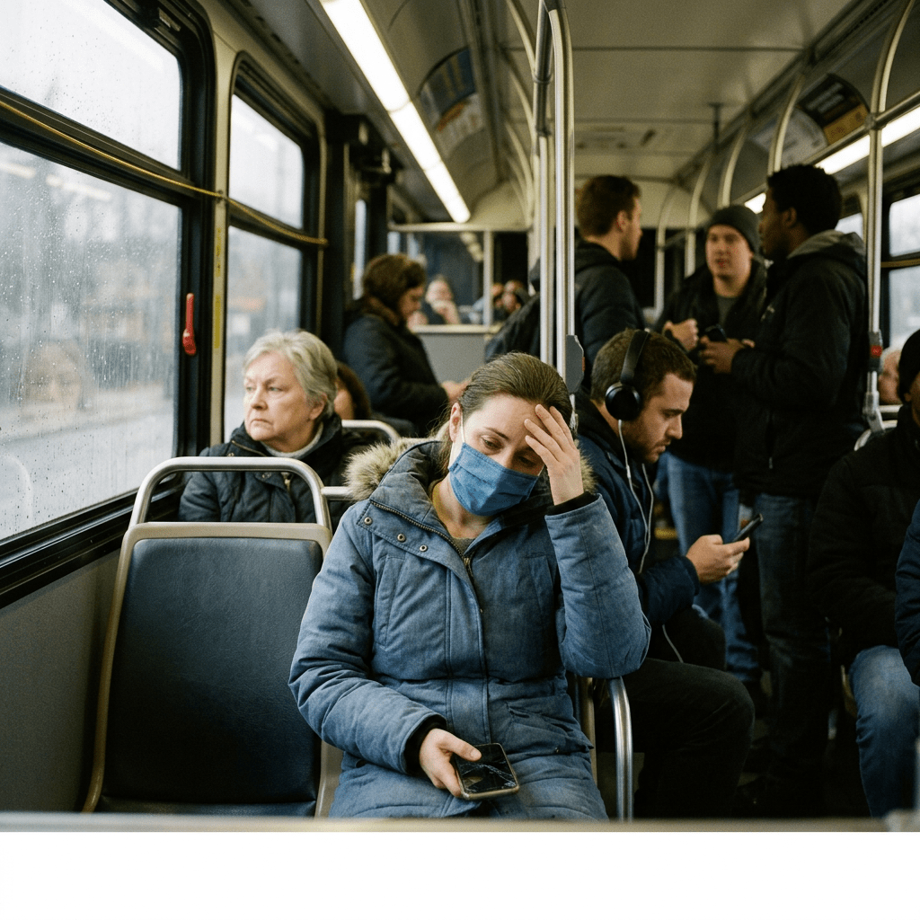 People sitting and standing on a rainy day bus, including a woman wearing a face mask looking distressed